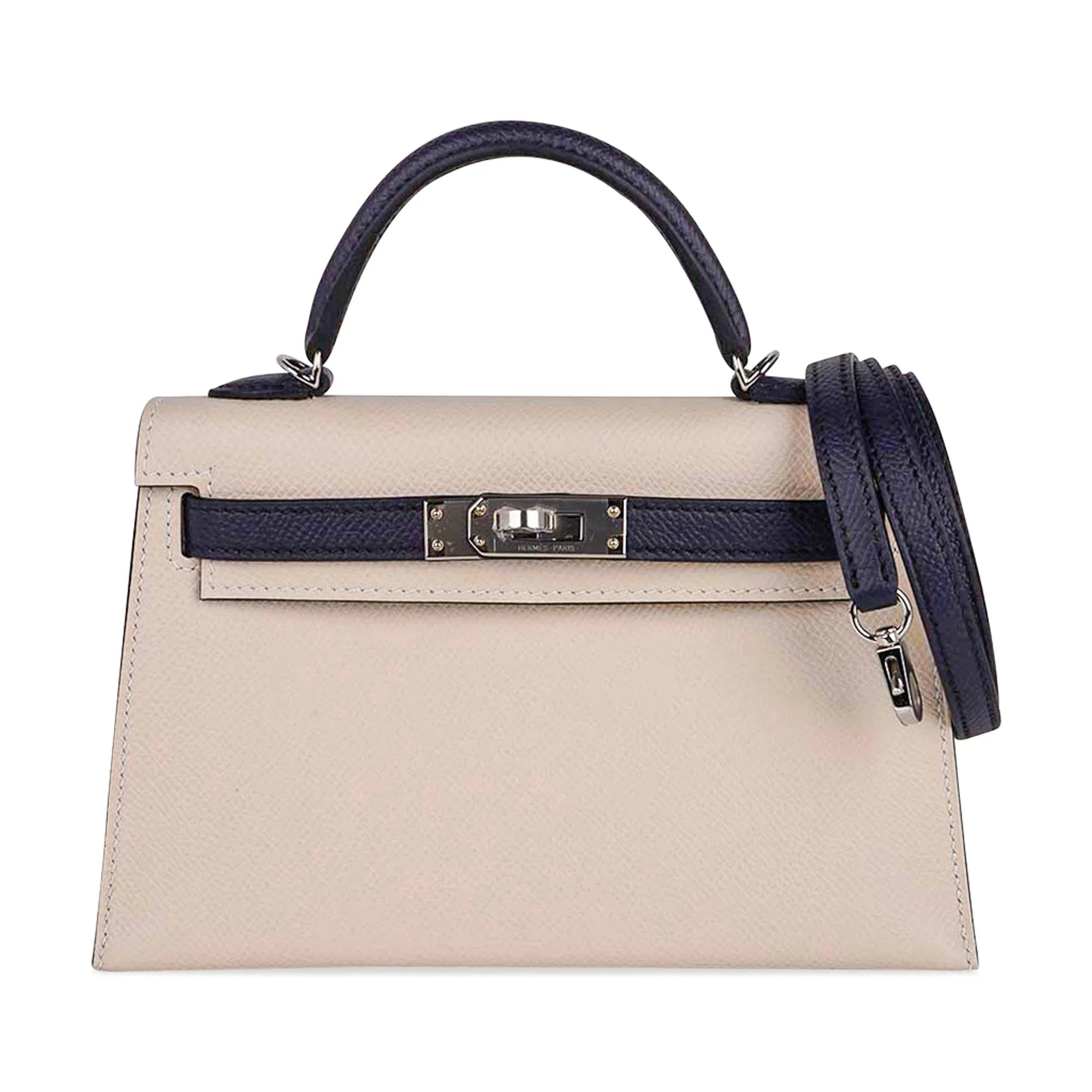 Special Order HSS Mini Kelly 20 Bag Sellier Craie & Blue Indigo Epsom Leather with Palladium Hardware