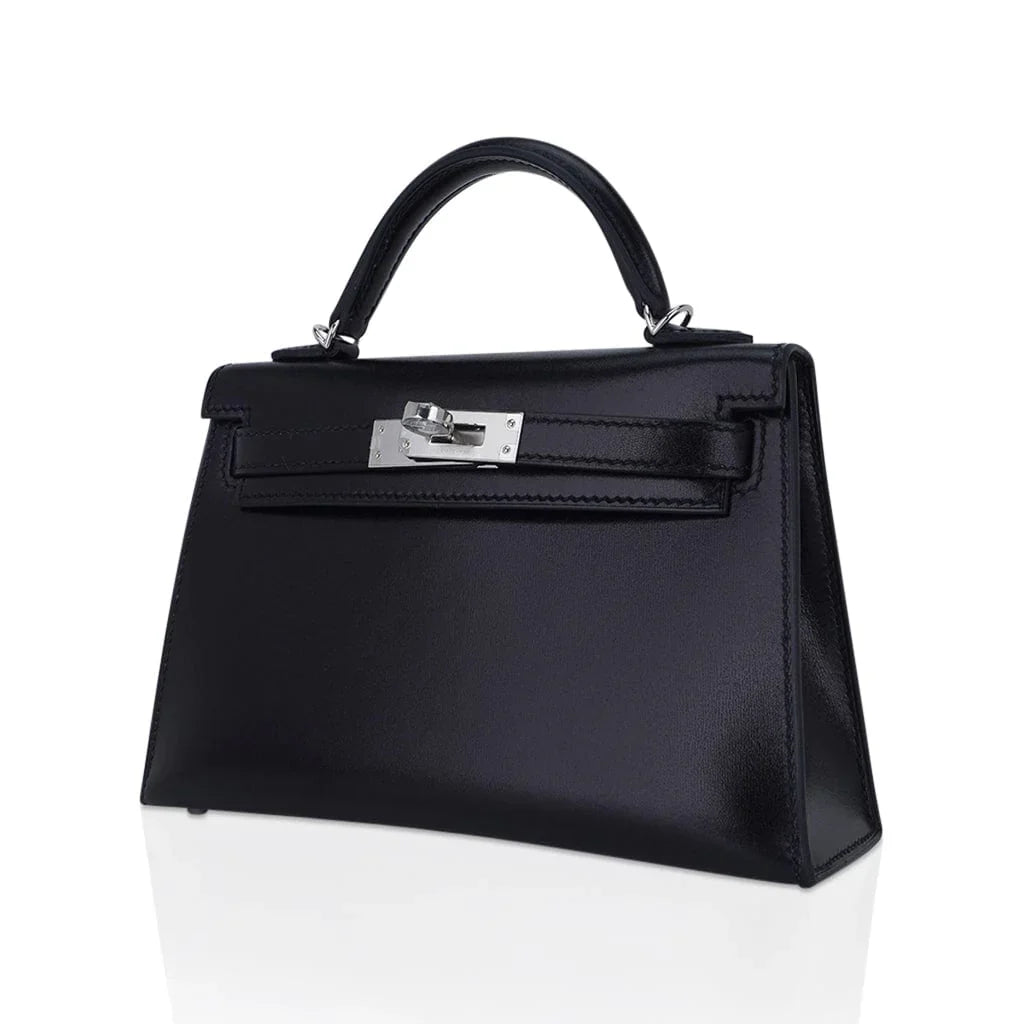 Kelly 20 Sellier Black Box Leather Mini Bag Palladium Hardware