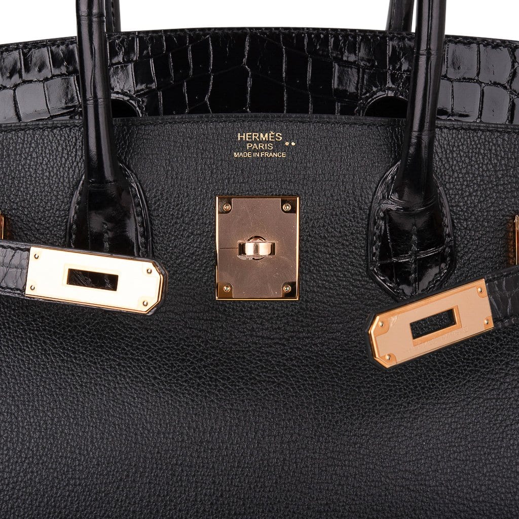 Birkin 30 Touch Bag Black Crocodile / Black Leather Rose Gold Hardware