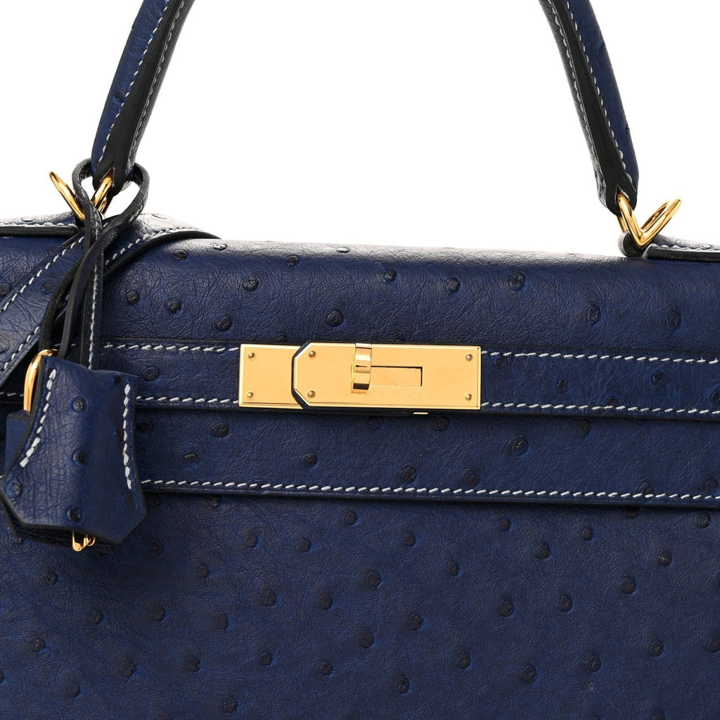 Kelly 25 Bleu Iris Sellier Ostrich Gold Hardware
