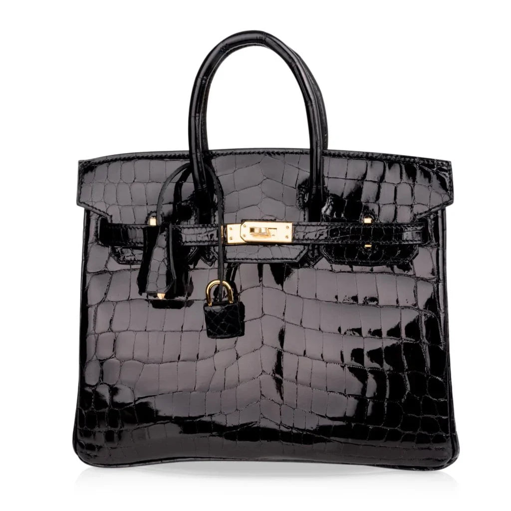 Birkin 25 Bag Black Crocodile Lisse Gold Hardware