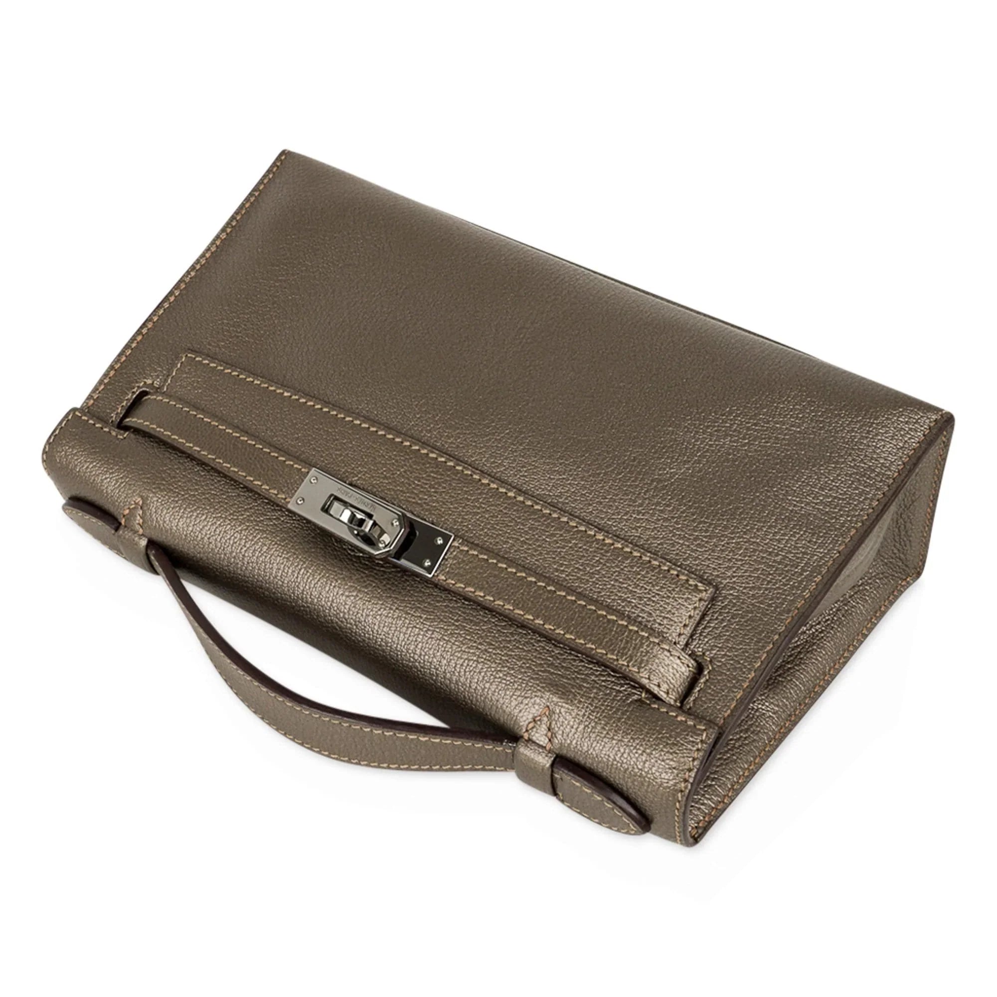 Kelly Pochette Metallic Bronze Clutch Bag Chevre Palladium