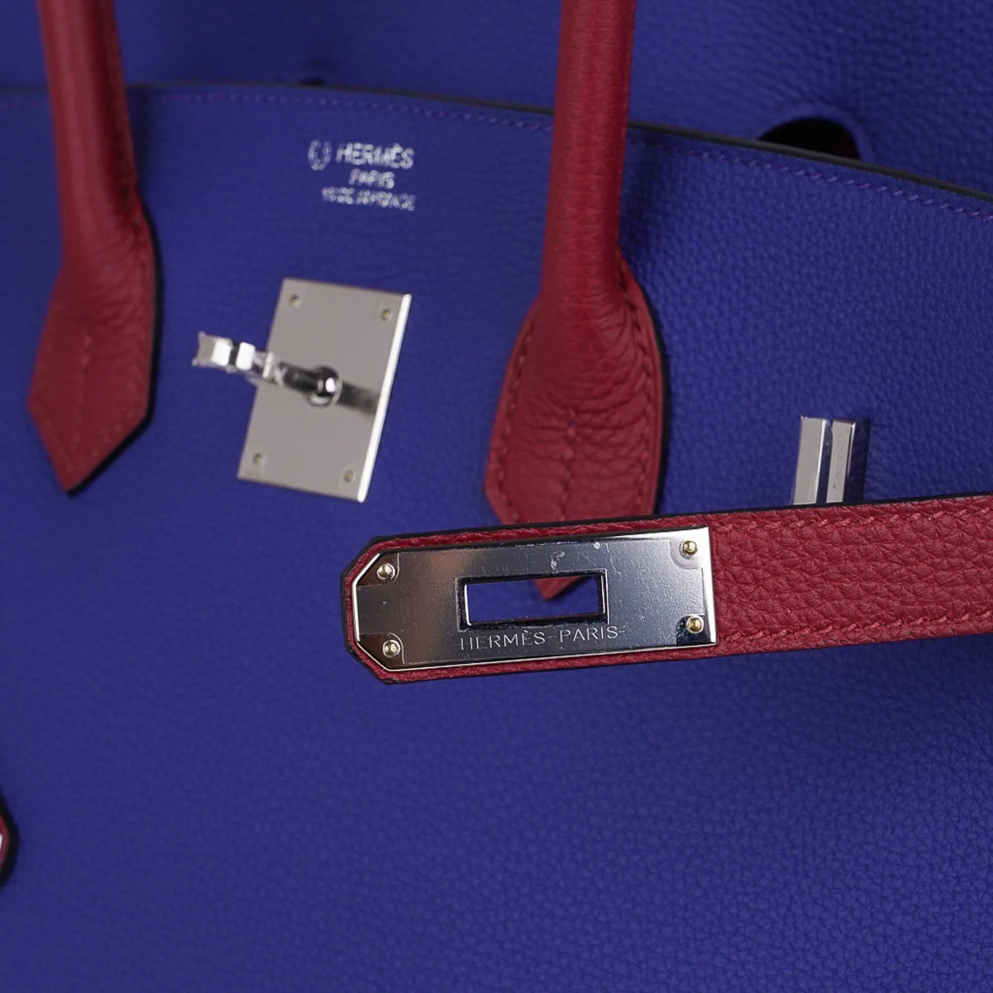 Special Order HSS Birkin 35 Bag Blue Electric & Rouge Granat Togo Leather with Palladium Hardware