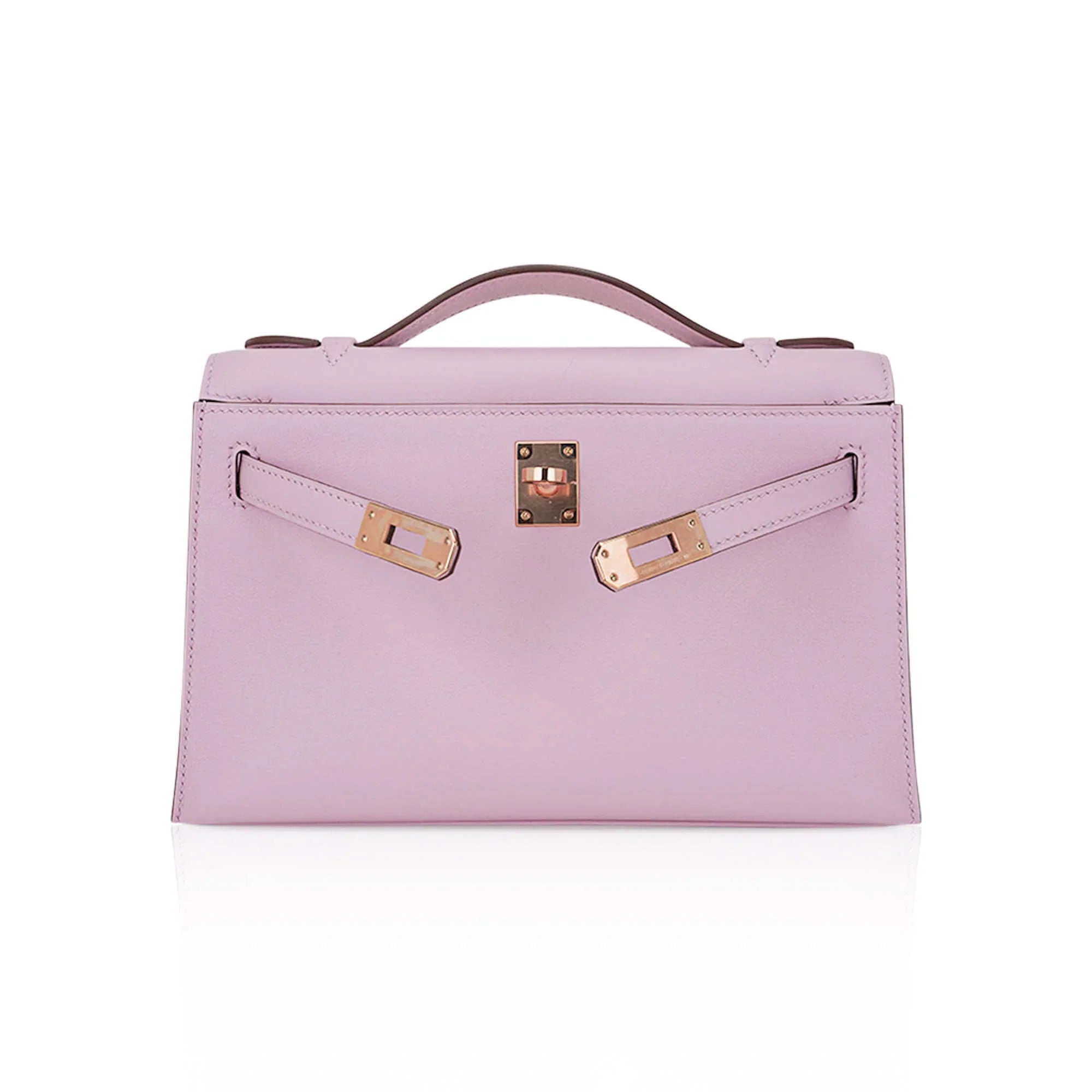 Kelly Pochette Clutch Bag Mauve Sylvestre Swift Leather with Rose Gold Hardware