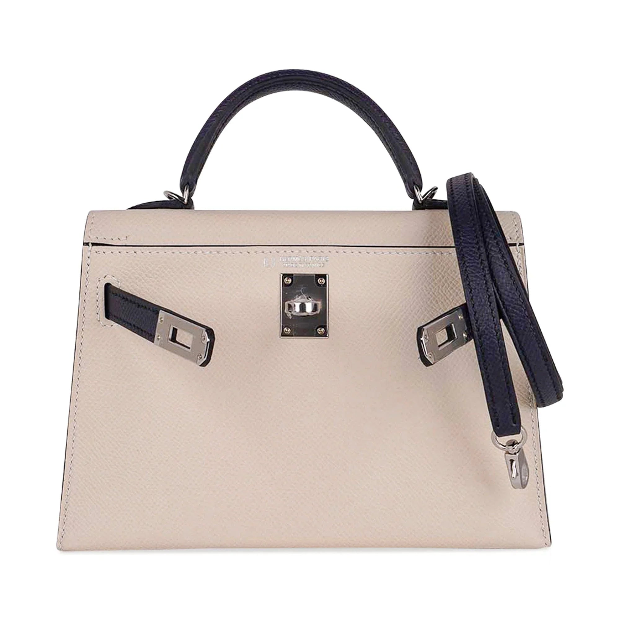 Special Order HSS Mini Kelly 20 Bag Sellier Craie & Blue Indigo Epsom Leather with Palladium Hardware