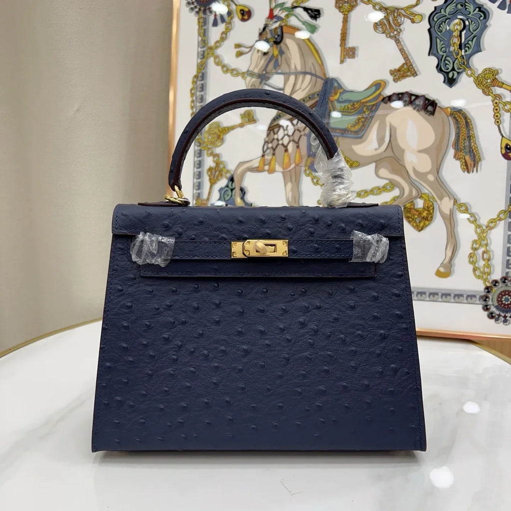 Kelly 25 Bleu Iris Sellier Ostrich Gold Hardware