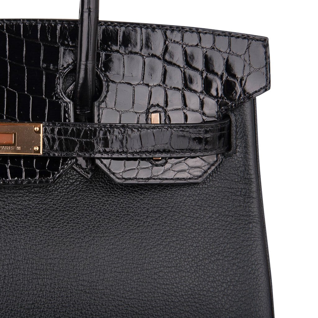 Birkin 30 Touch Bag Black Crocodile / Black Leather Rose Gold Hardware