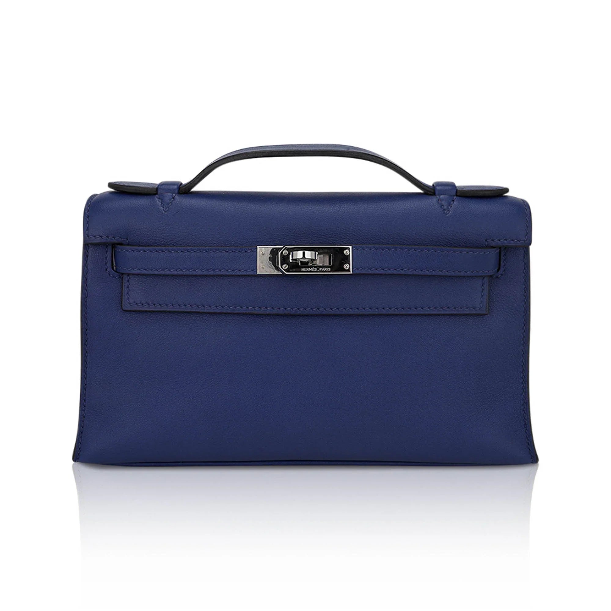 Kelly Pochette Clutch Bag Blue Sapphire Swift Leather with Palladium Hardware