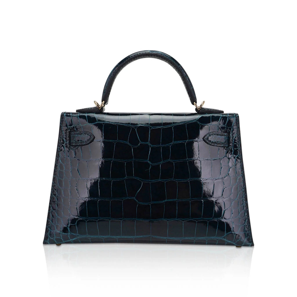 Limited Edition Verso Mini Kelly 20 Sellier Bag Vert Rousseau & Blue Paon Alligator with Permabrass Hardware