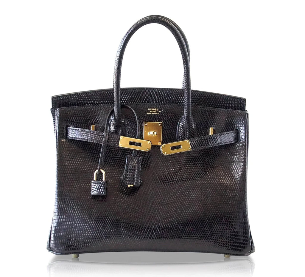 Birkin 30 Bag Jet Black Lizard Gold Hardware