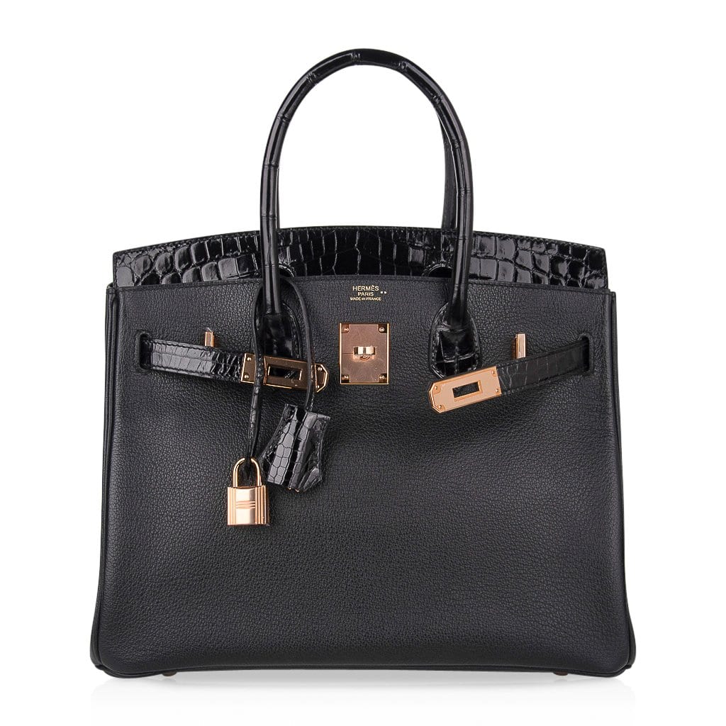 Birkin 30 Touch Bag Black Crocodile / Black Leather Rose Gold Hardware