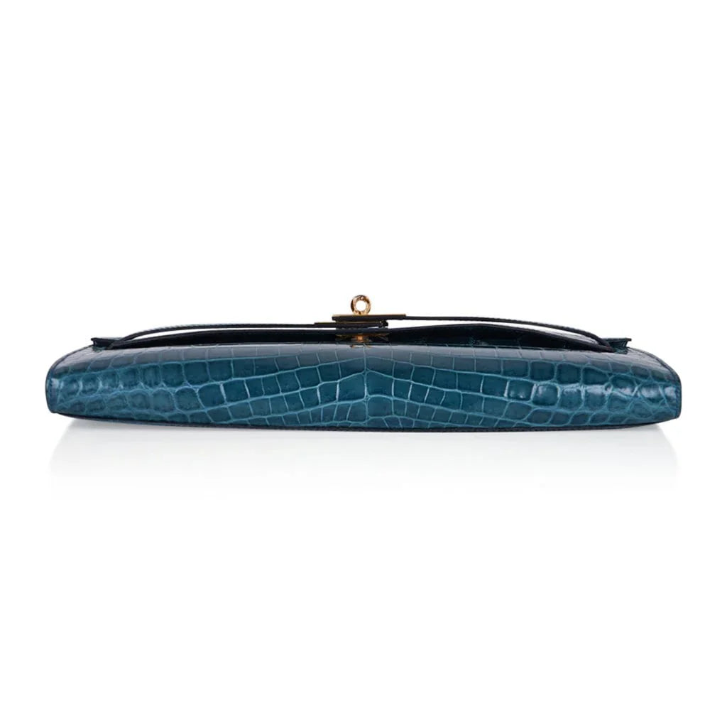 Kelly Cut Bag Blue Colvert Crocodile with Gold Hardware