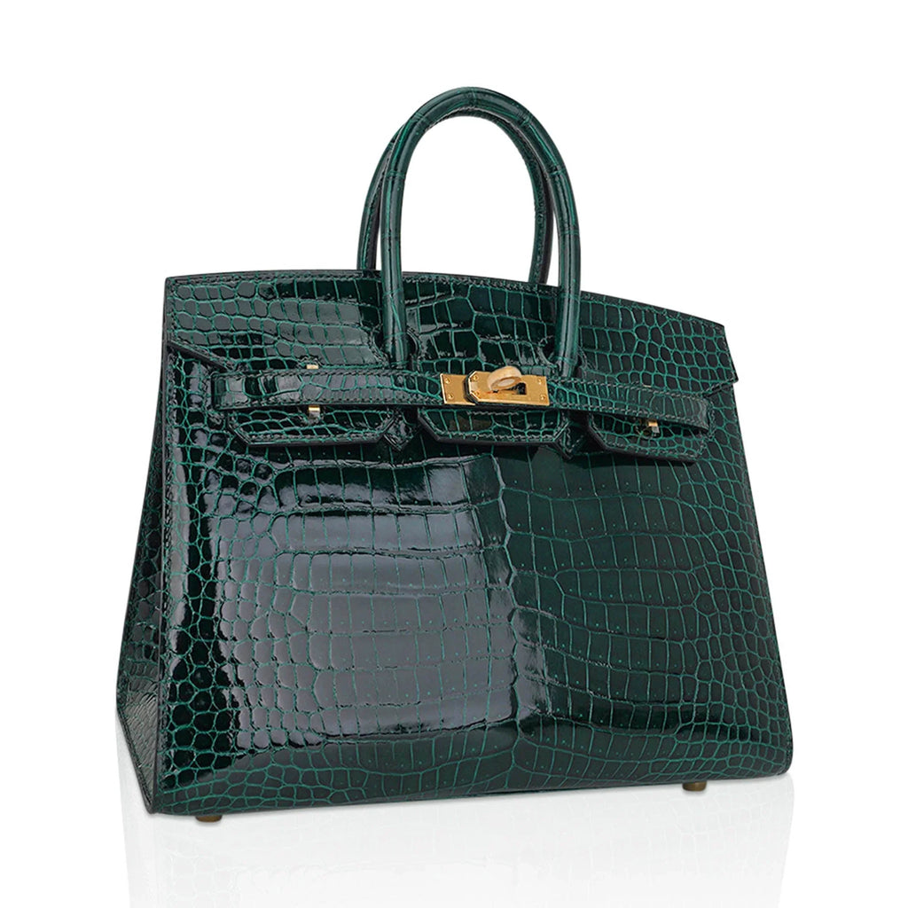 Birkin 25 Bag Sellier Vert Fonce Porosus Crocodile Bag with Gold Hardware