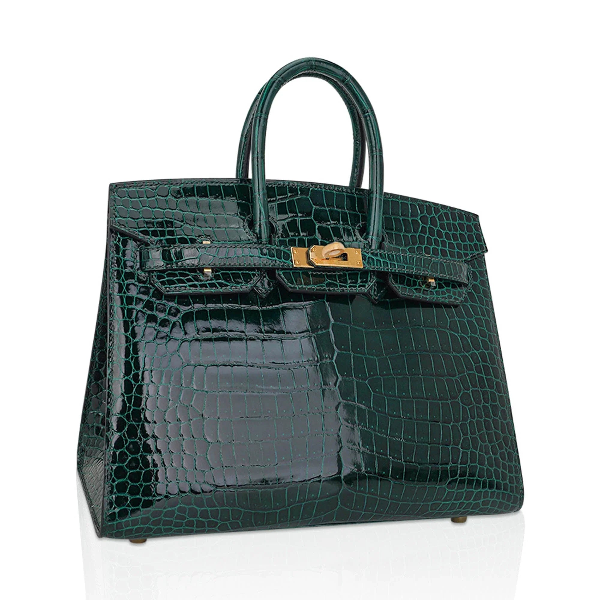 Birkin 25 Bag Sellier Vert Fonce Porosus Crocodile Bag with Gold Hardware