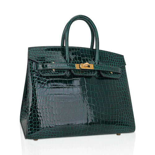 Birkin 25 Bag Sellier Vert Fonce Porosus Crocodile Bag with Gold Hardware