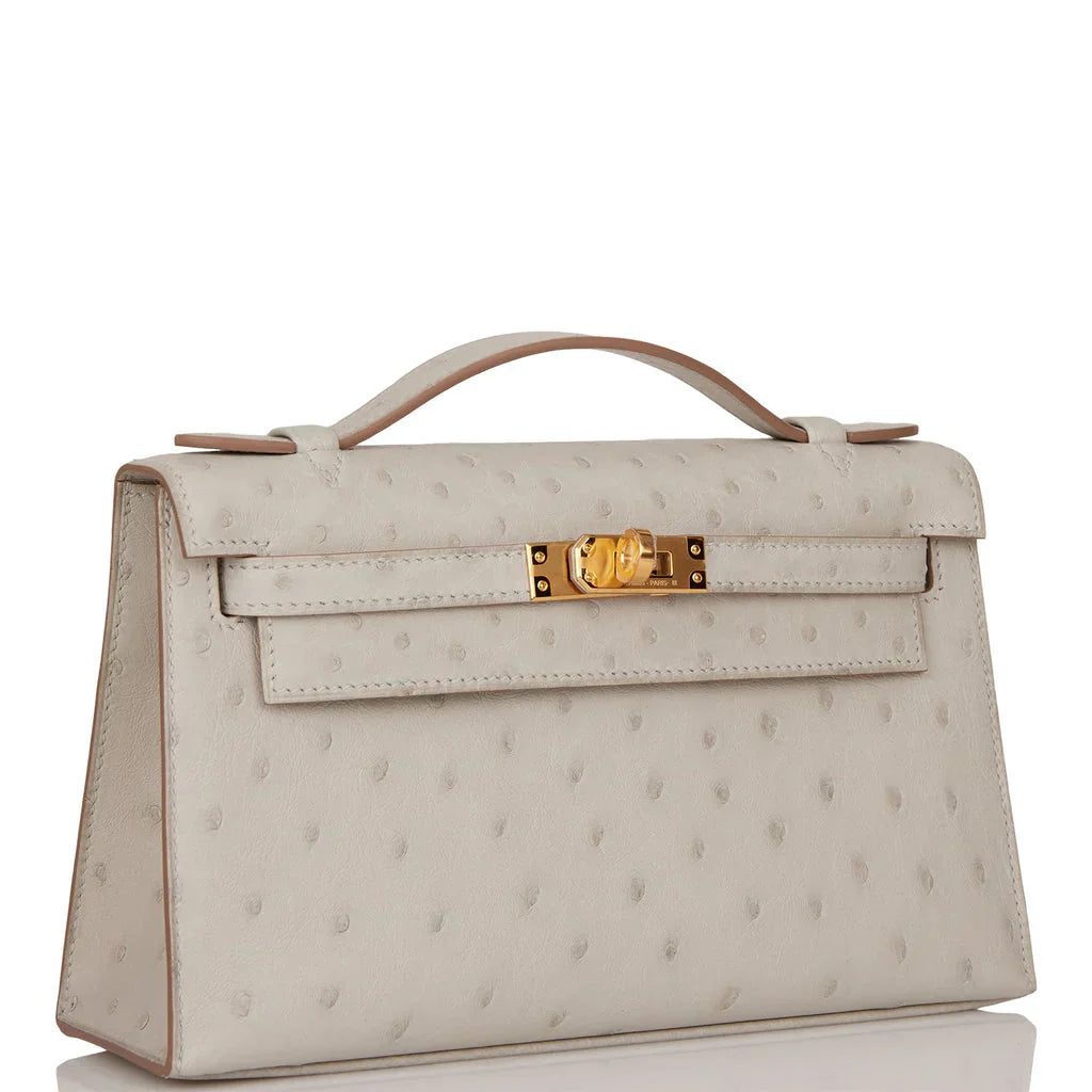 Kelly Pochette Gris Perle Ostrich Gold Hardware
