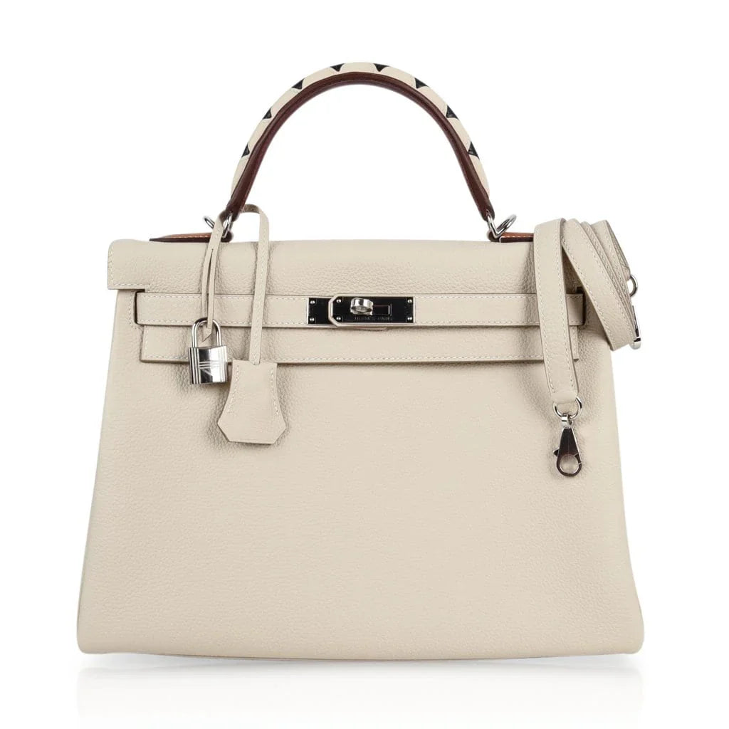 Limited Edition Kelly 32 Retourne Bag Au Galop Craie Togo Leather with Palladium Hardware