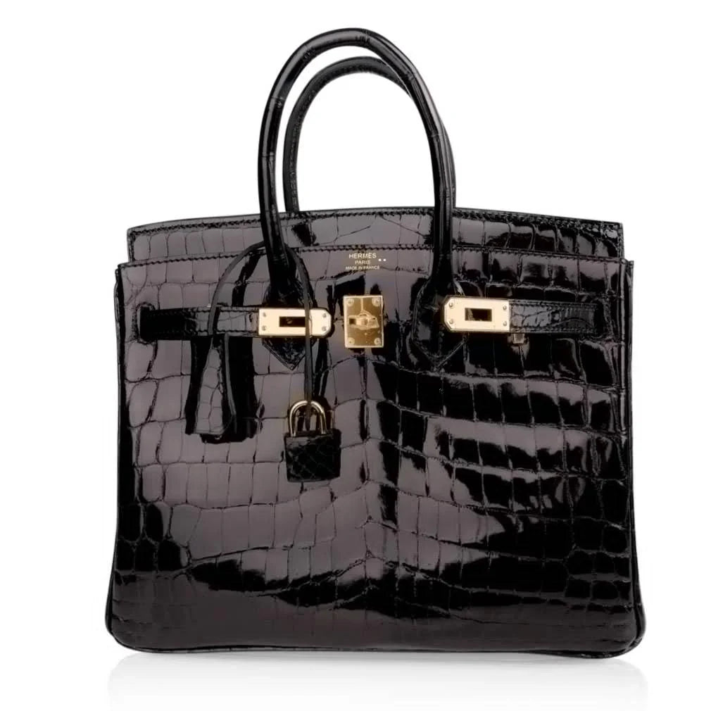 Birkin 25 Bag Black Crocodile Lisse Gold Hardware