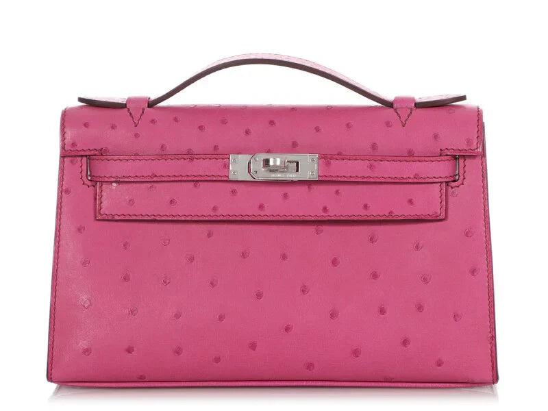 Kelly Pochette Palladium Hardware Fuchsia Ostrich