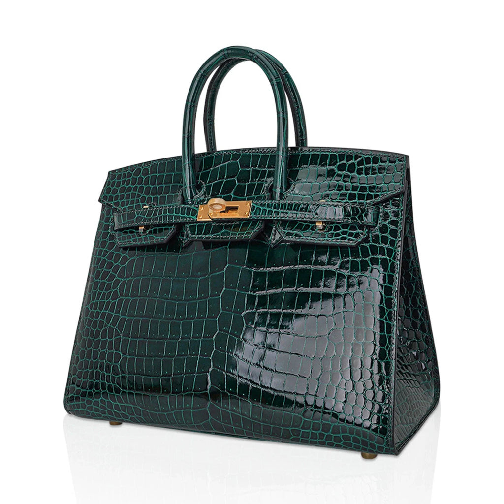 Birkin 25 Bag Sellier Vert Fonce Porosus Crocodile Bag with Gold Hardware