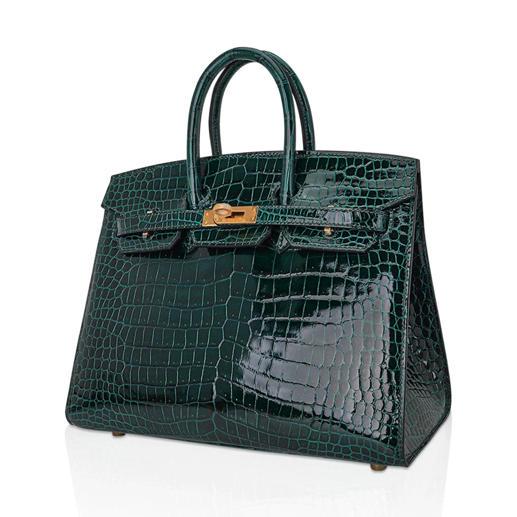 Birkin 25 Bag Sellier Vert Fonce Porosus Crocodile Bag with Gold Hardware