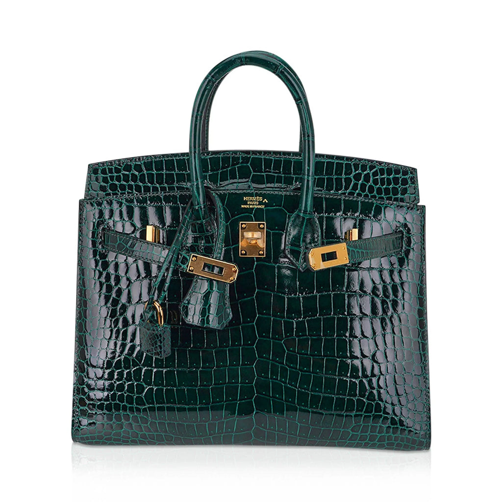 Birkin 25 Bag Sellier Vert Fonce Porosus Crocodile Bag with Gold Hardware