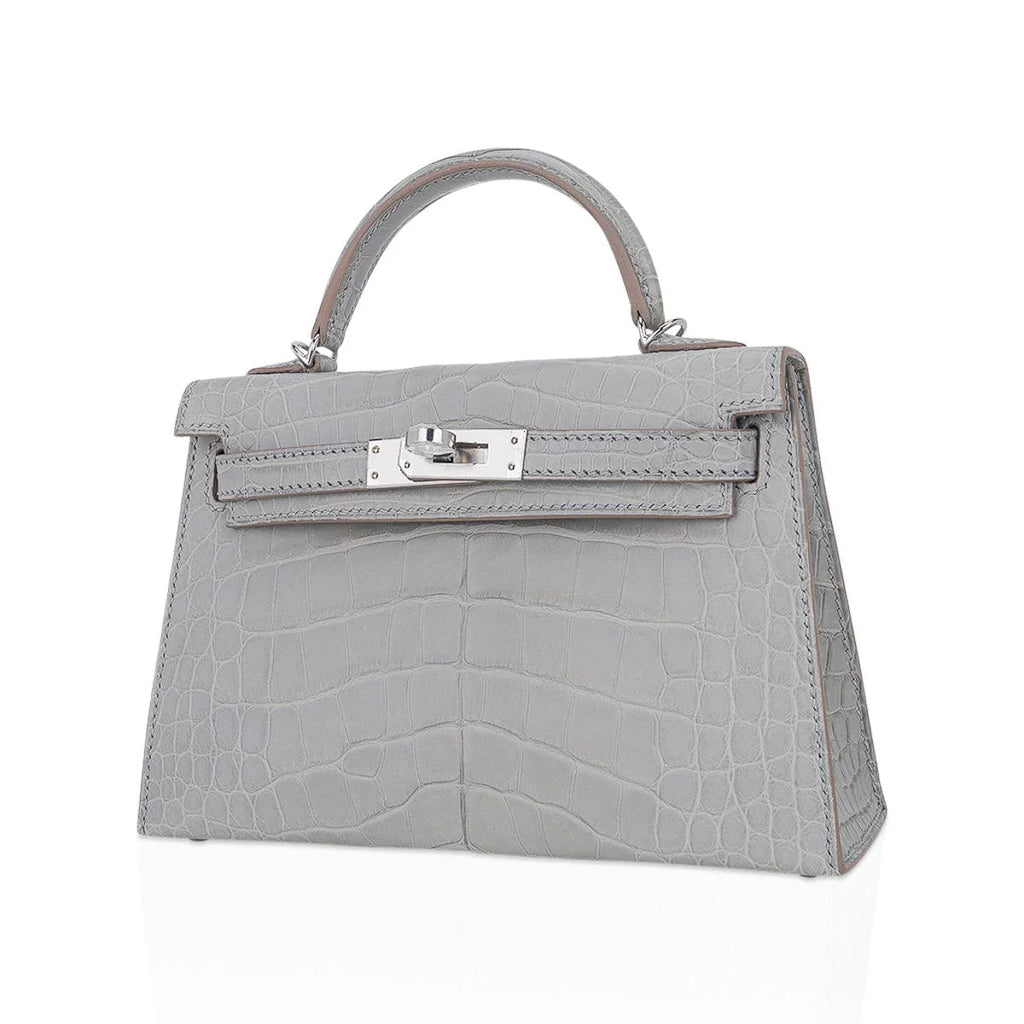Limited Edition Mini Kelly 20 Sellier Matte Gris Perle Alligator Bag Palladium Hardware