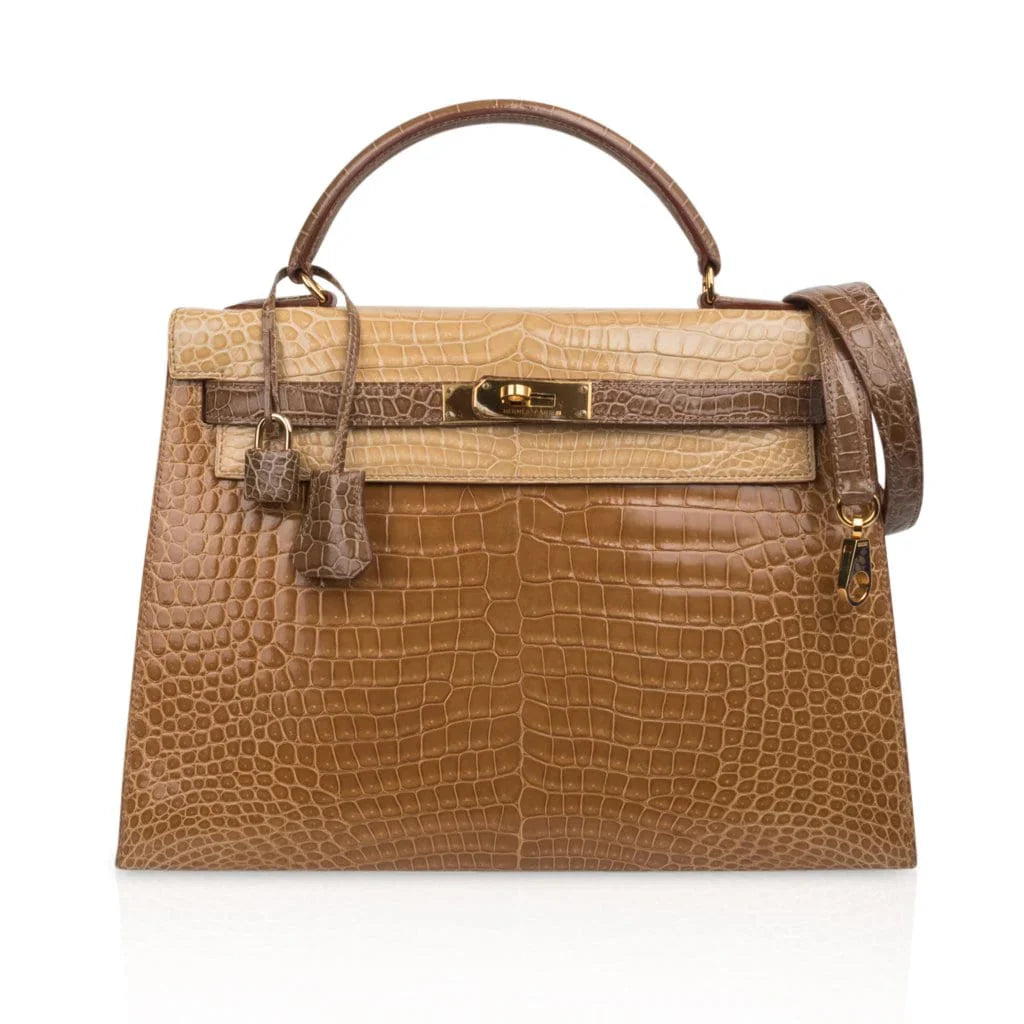 Limited Edition Tri-Color Kelly Sellier 32 Bag Poussiere Poudre Ficelle Porosus Crocodile