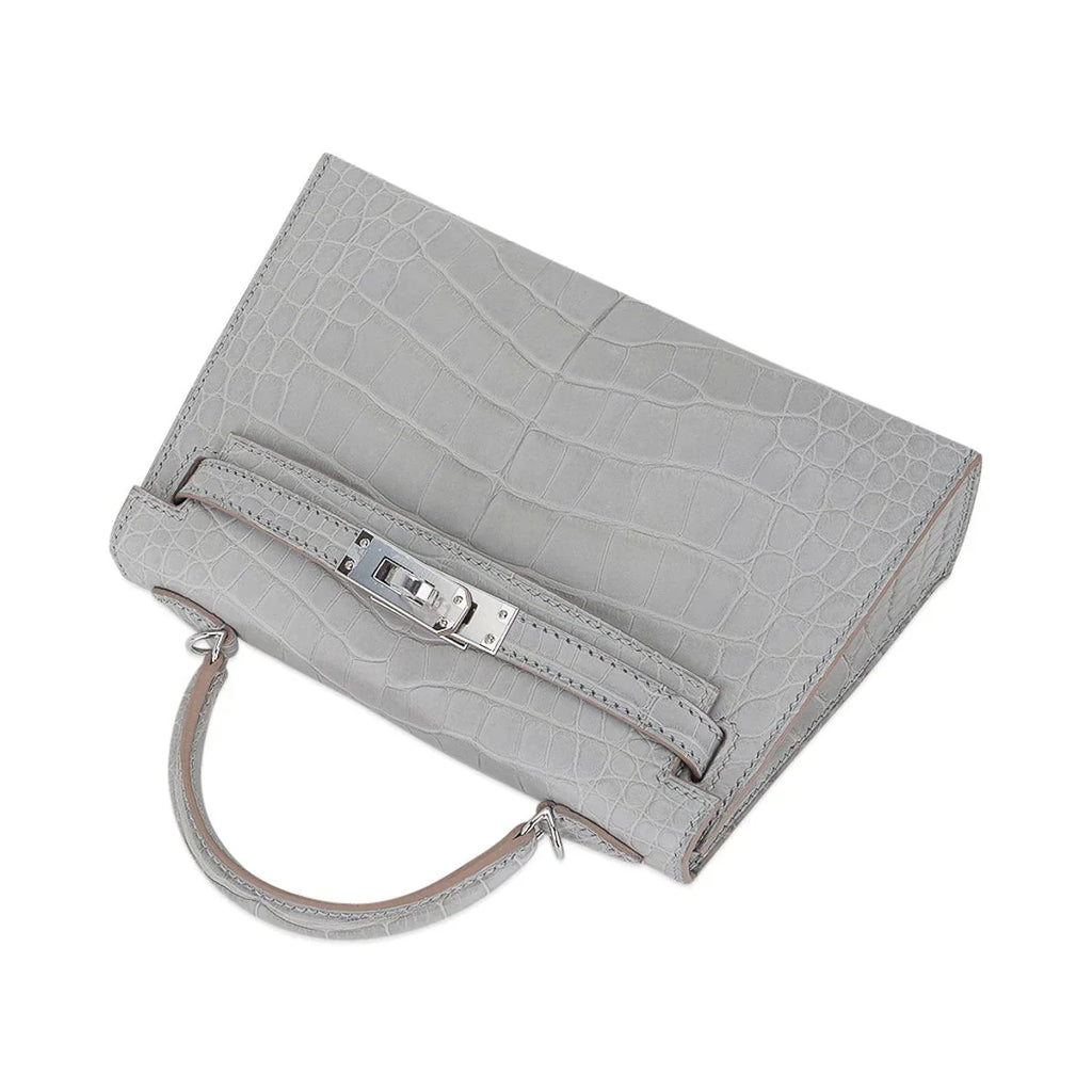 Limited Edition Mini Kelly 20 Sellier Matte Gris Perle Alligator Bag Palladium Hardware