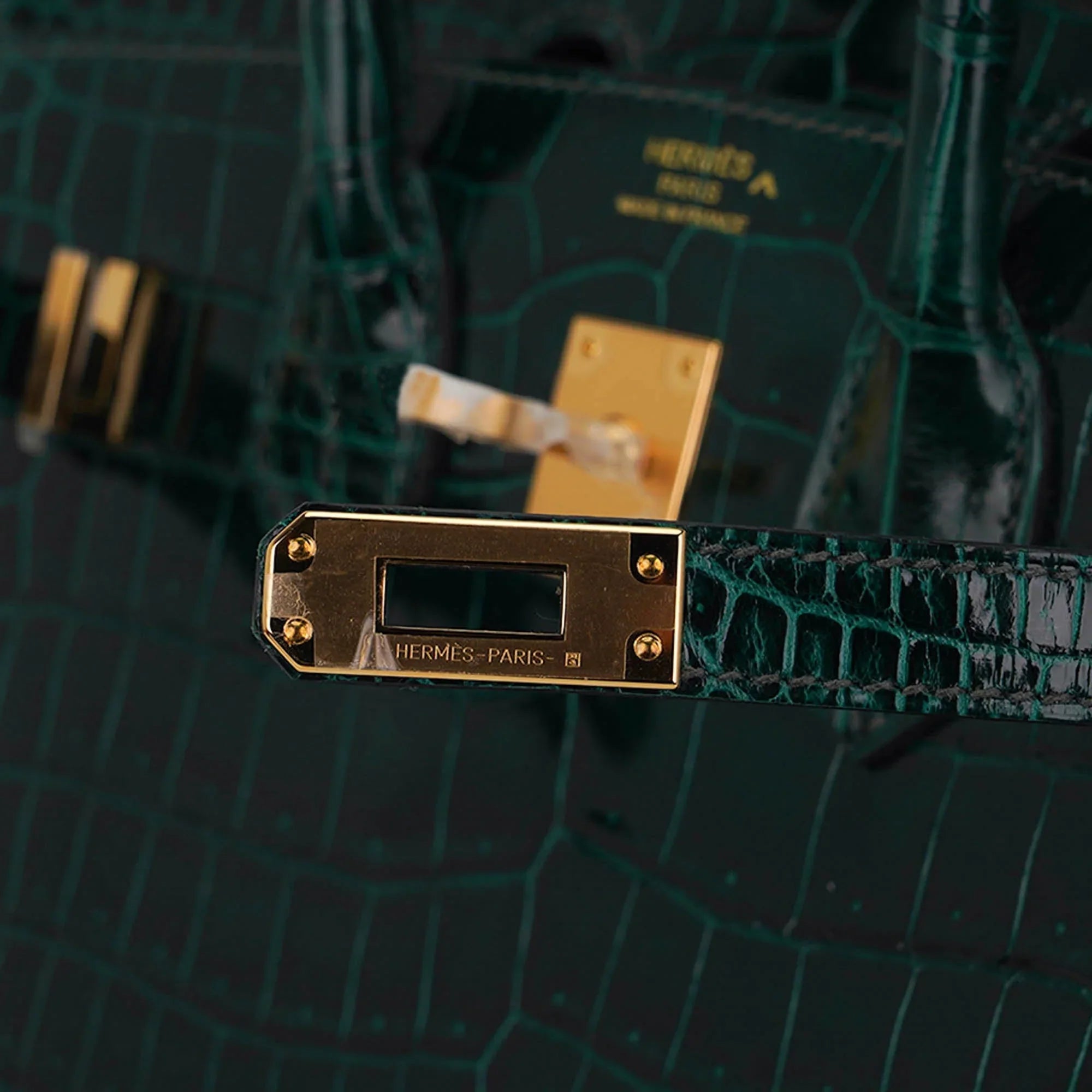 Birkin 25 Bag Sellier Vert Fonce Porosus Crocodile Bag with Gold Hardware
