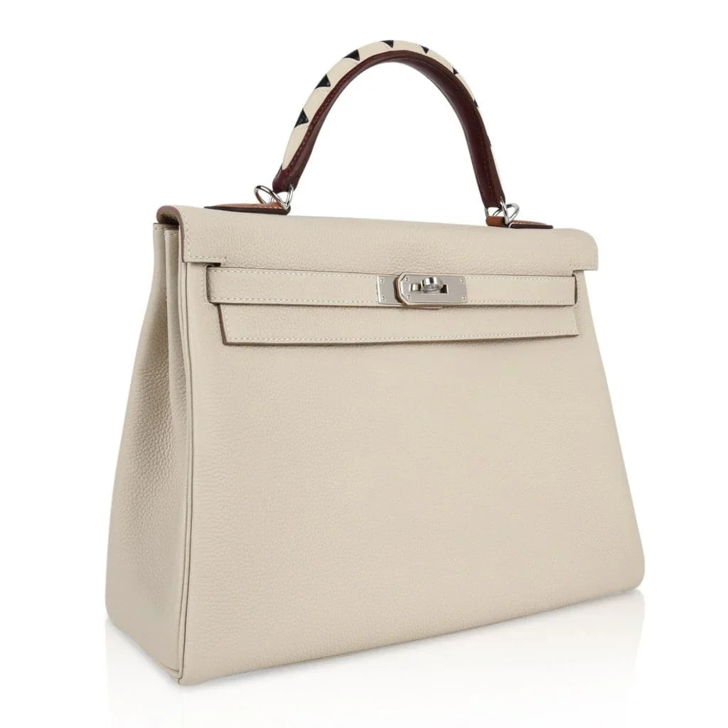 Limited Edition Kelly 32 Retourne Bag Au Galop Craie Togo Leather with Palladium Hardware