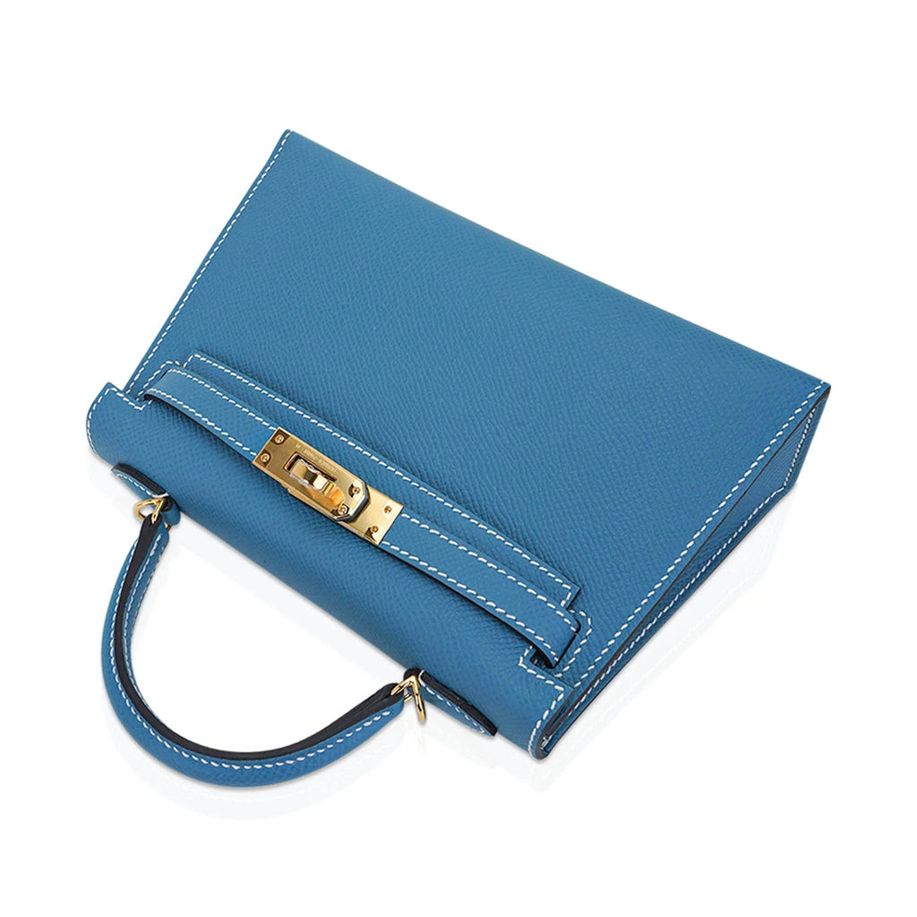 Mini Kelly 20 Bag Sellier New Blue Jean Epsom Leather with Gold Hardware