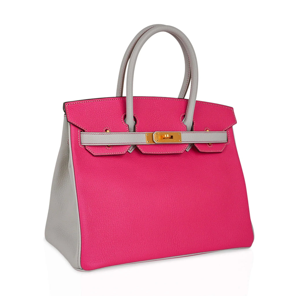Special Order HSS Birkin 30 Bag Rose Shocking & Gris Perle Chevre Leather with Brushed Gold Hardware
