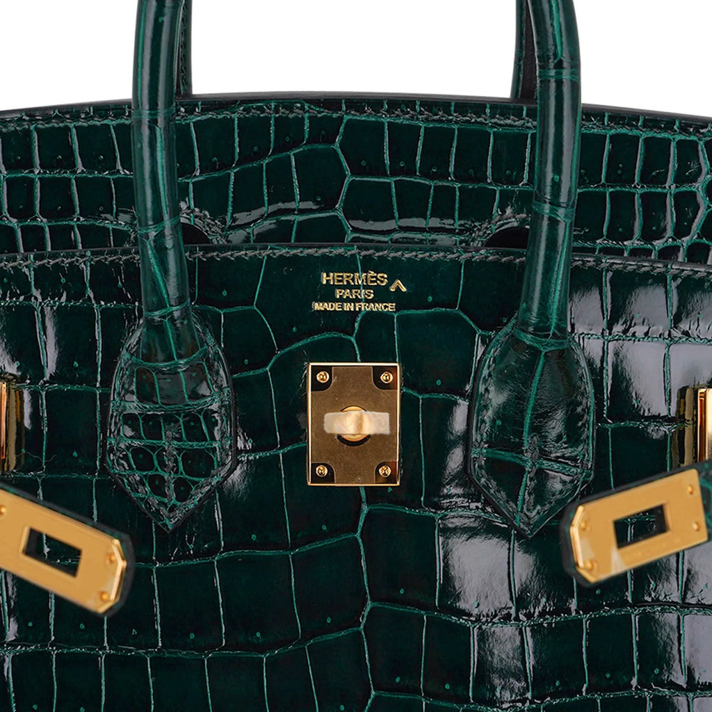 Birkin 25 Bag Sellier Vert Fonce Porosus Crocodile Bag with Gold Hardware