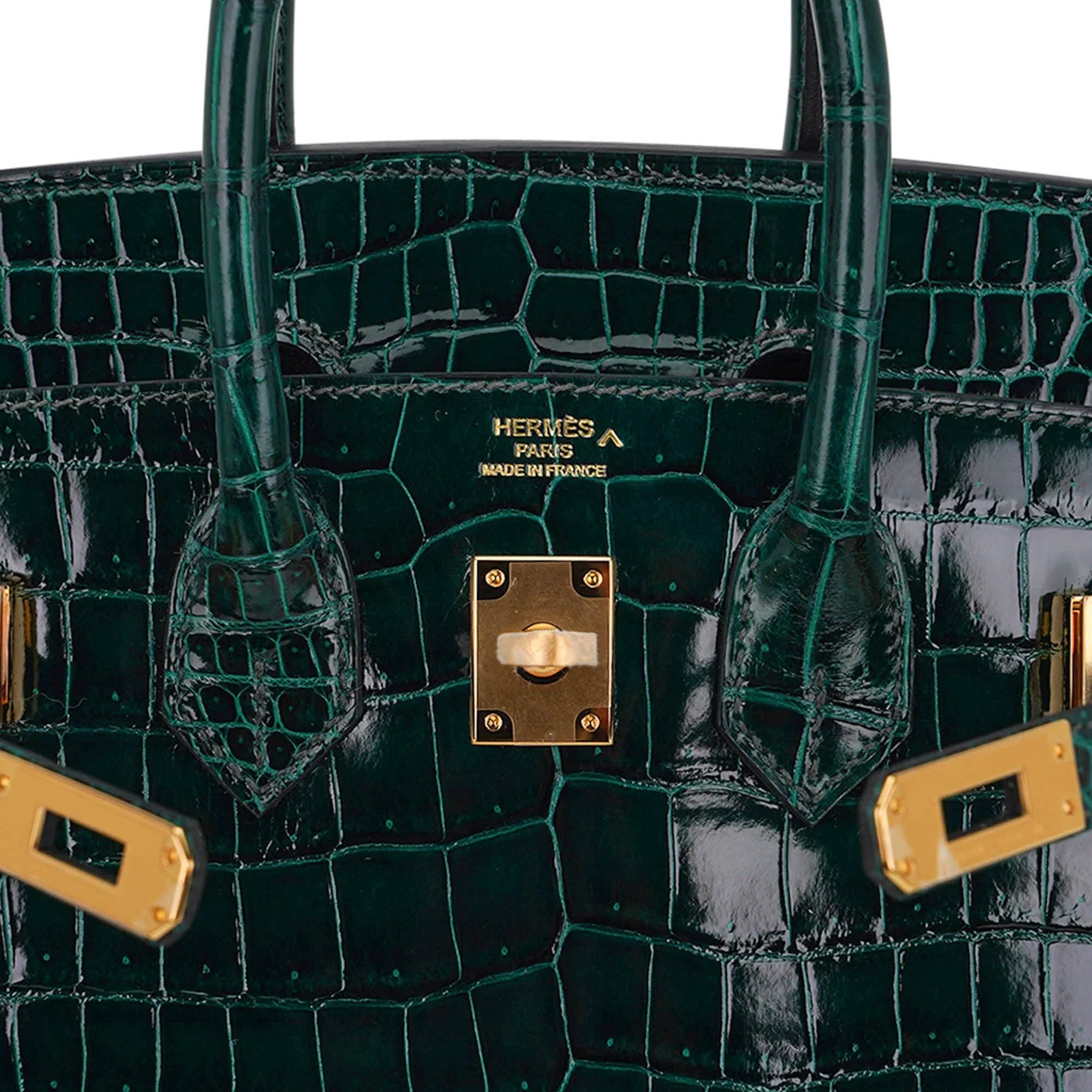 Birkin 25 Bag Sellier Vert Fonce Porosus Crocodile Bag with Gold Hardware