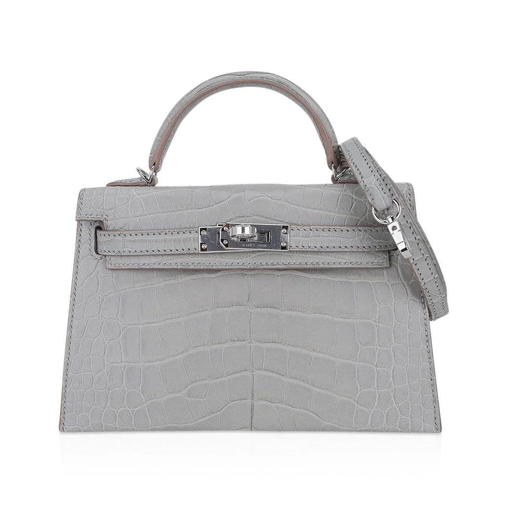 Limited Edition Mini Kelly 20 Sellier Matte Gris Perle Alligator Bag Palladium Hardware