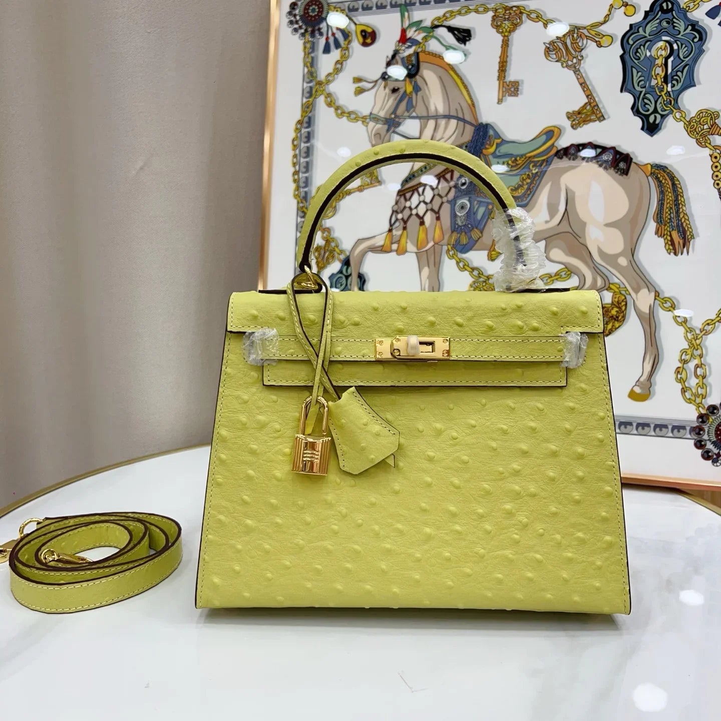 Kelly Kiwi Ostrich Grain Texture Gold Hardware