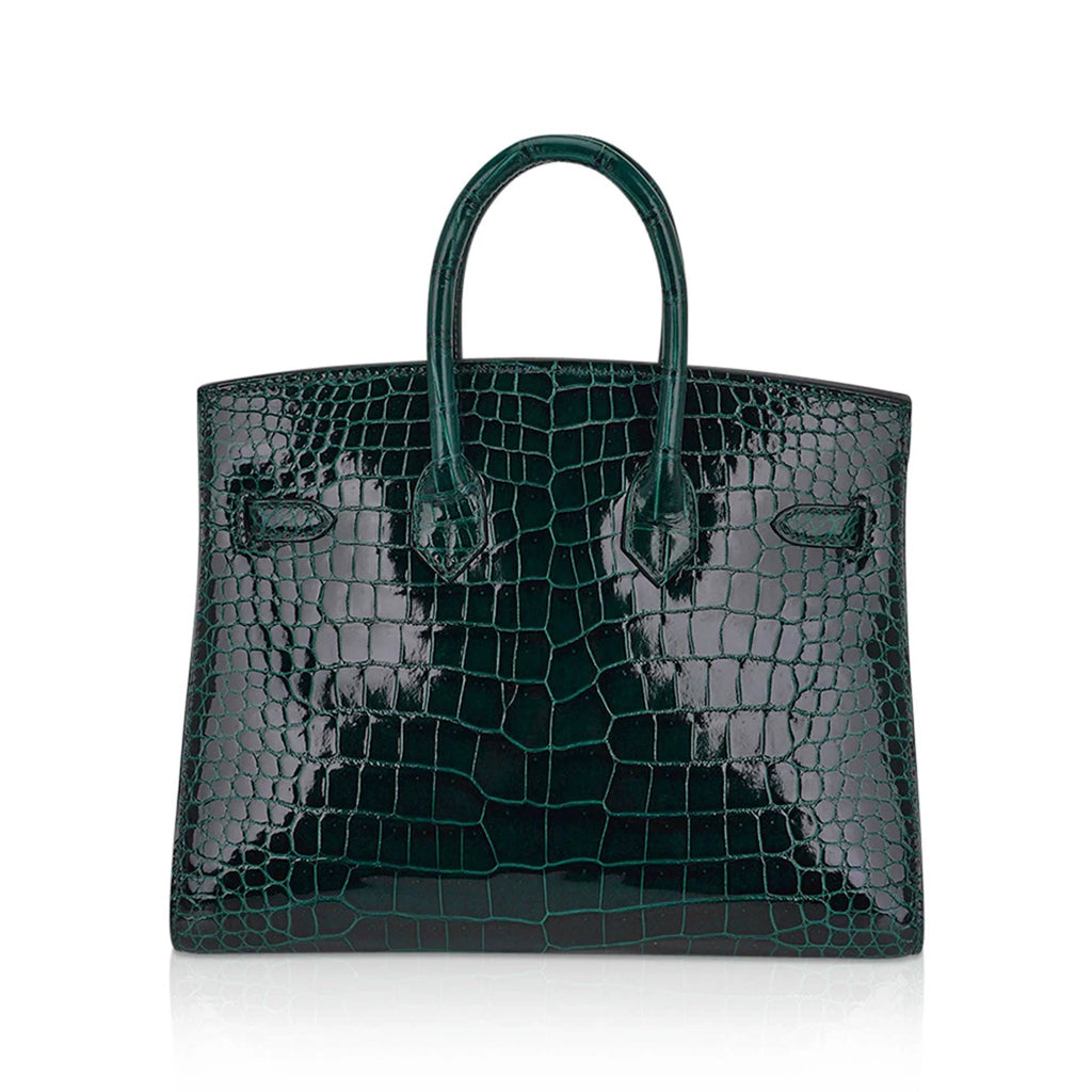 Birkin 25 Bag Sellier Vert Fonce Porosus Crocodile Bag with Gold Hardware