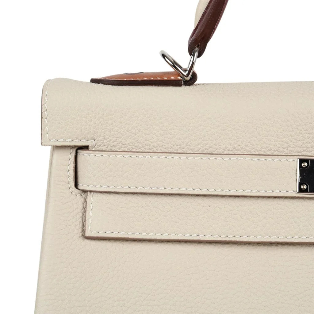 Limited Edition Kelly 32 Retourne Bag Au Galop Craie Togo Leather with Palladium Hardware