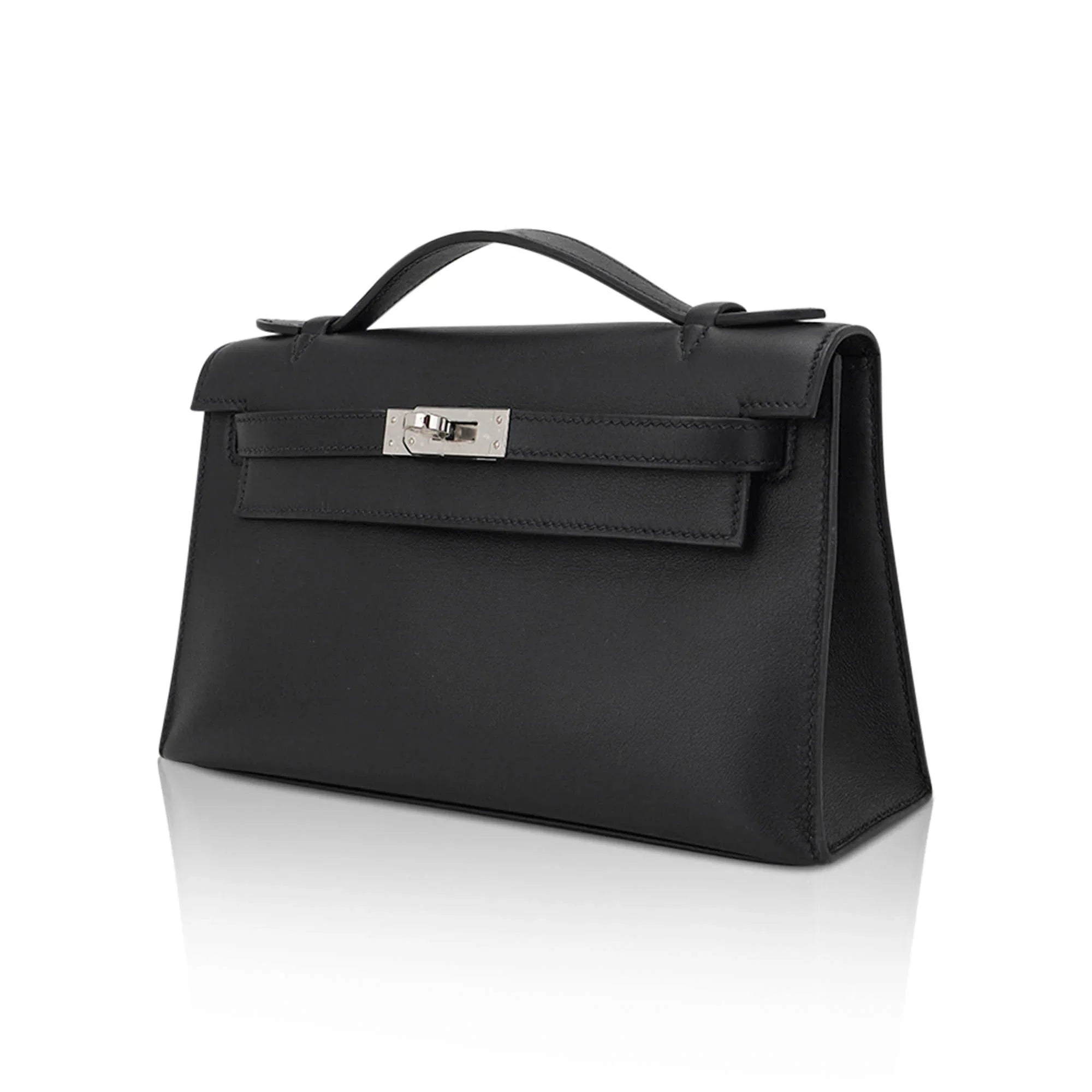 Kelly Pochette Clutch Bag Black Swift Leather with Palladium Hardware
