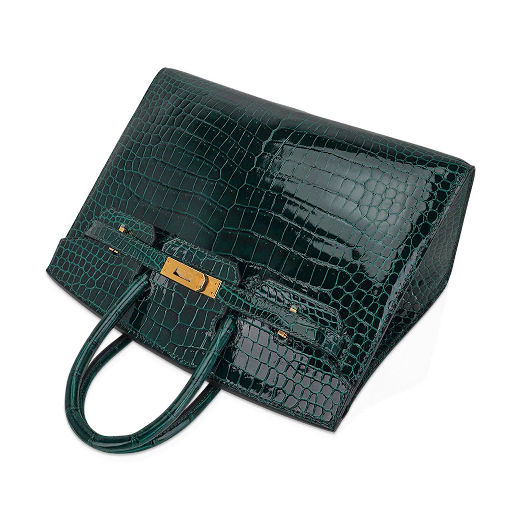 Birkin 25 Bag Sellier Vert Fonce Porosus Crocodile Bag with Gold Hardware
