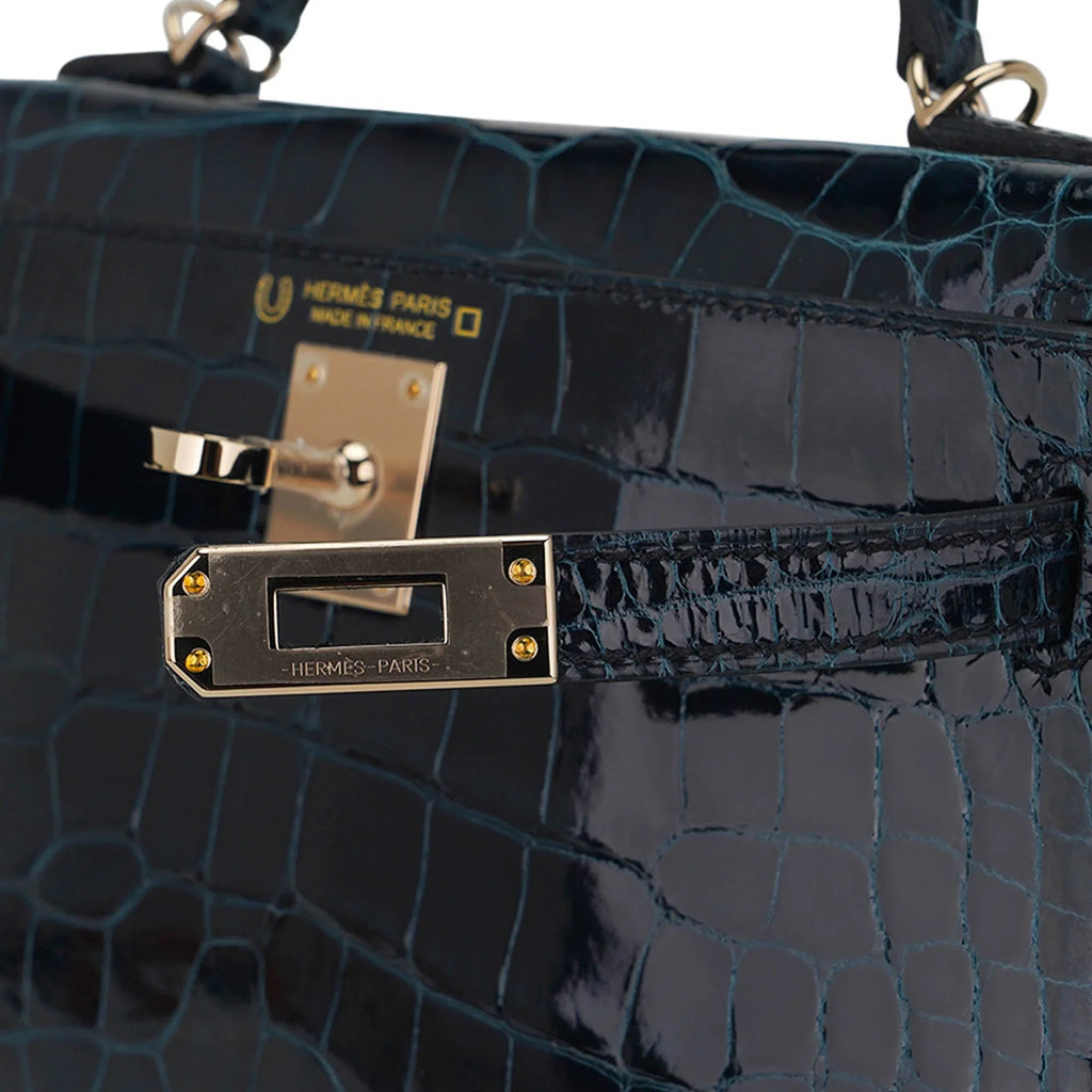 Limited Edition Verso Mini Kelly 20 Sellier Bag Vert Rousseau & Blue Paon Alligator with Permabrass Hardware