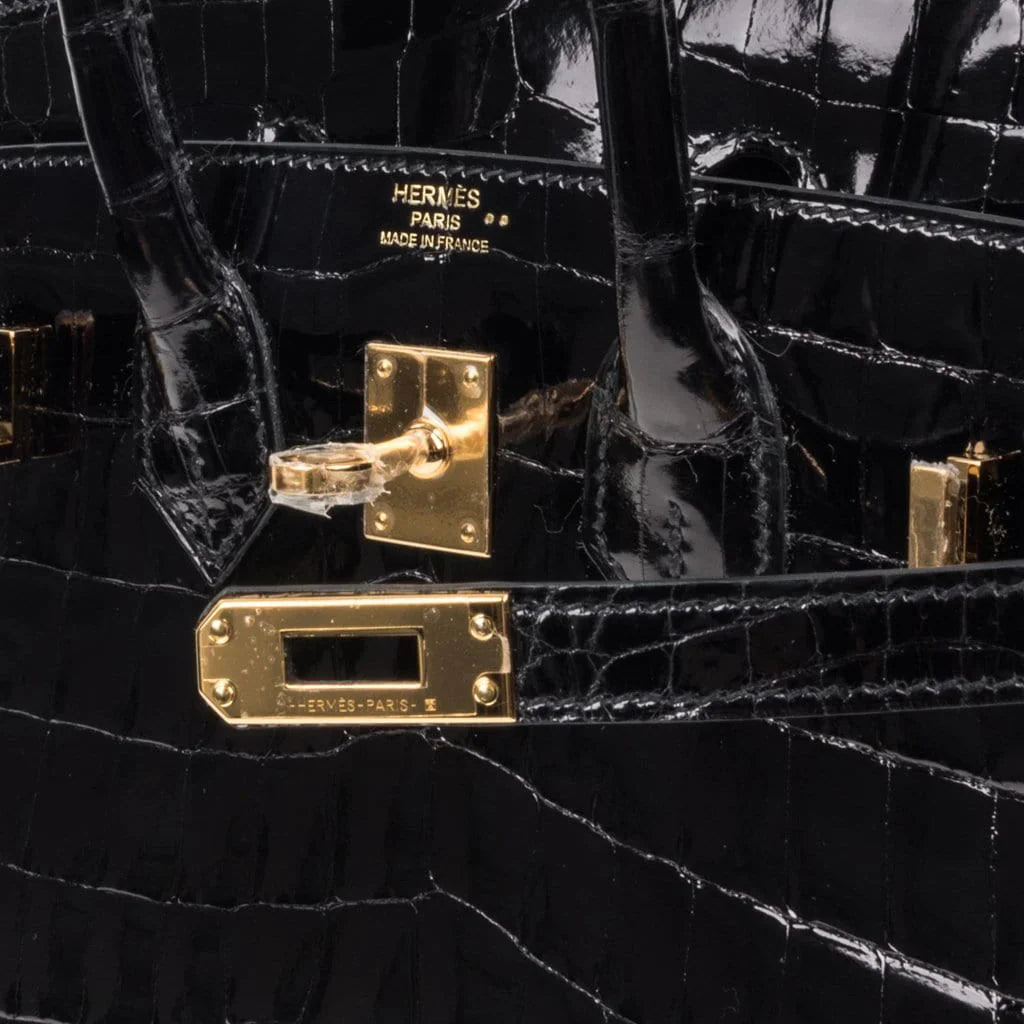 Birkin 25 Bag Black Crocodile Lisse Gold Hardware
