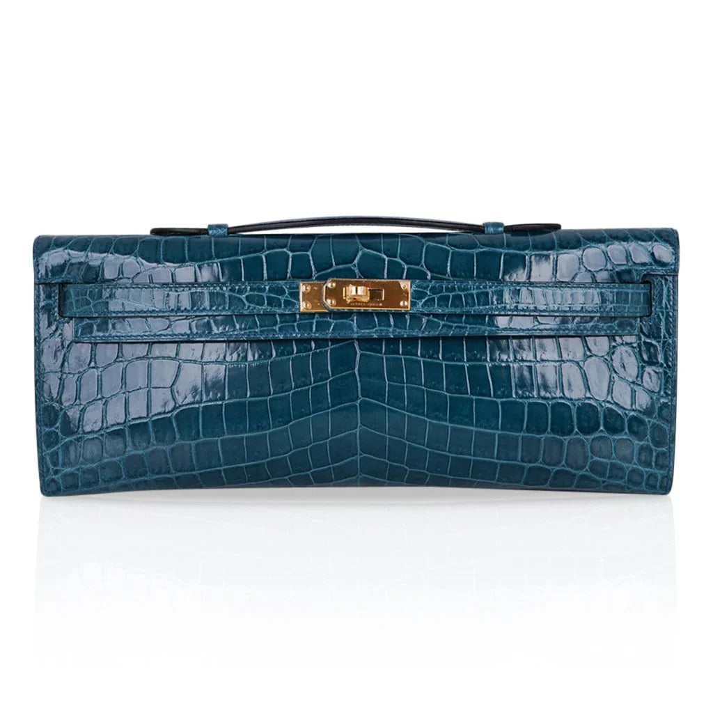 Kelly Cut Bag Blue Colvert Crocodile with Gold Hardware
