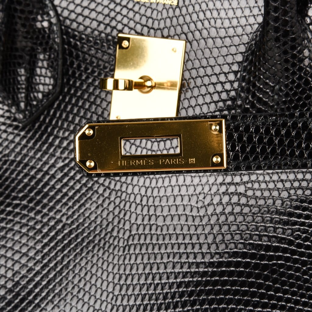 Birkin 30 Bag Jet Black Lizard Gold Hardware