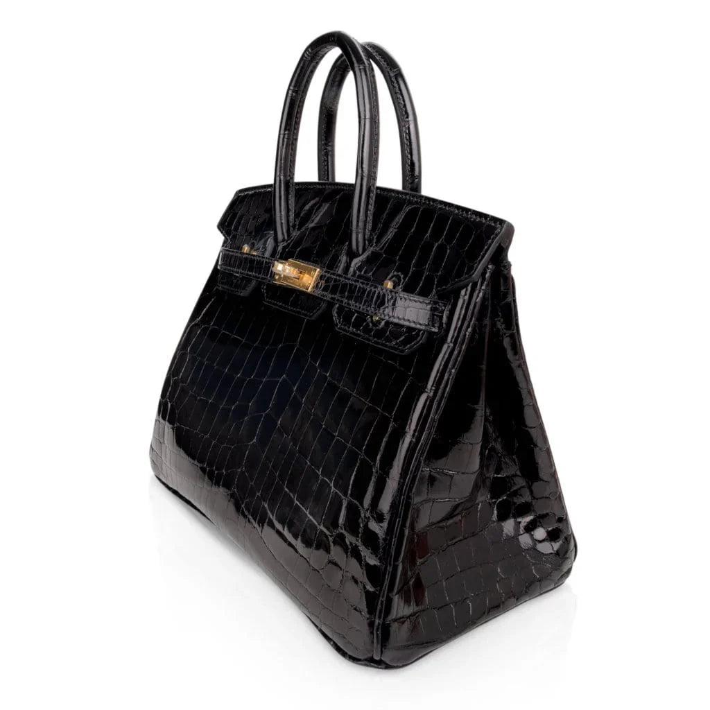 Birkin 25 Bag Black Crocodile Lisse Gold Hardware