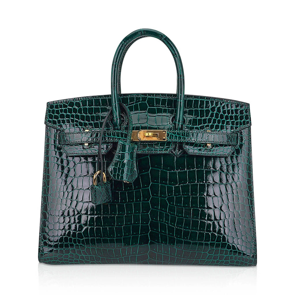 Birkin 25 Bag Sellier Vert Fonce Porosus Crocodile Bag with Gold Hardware