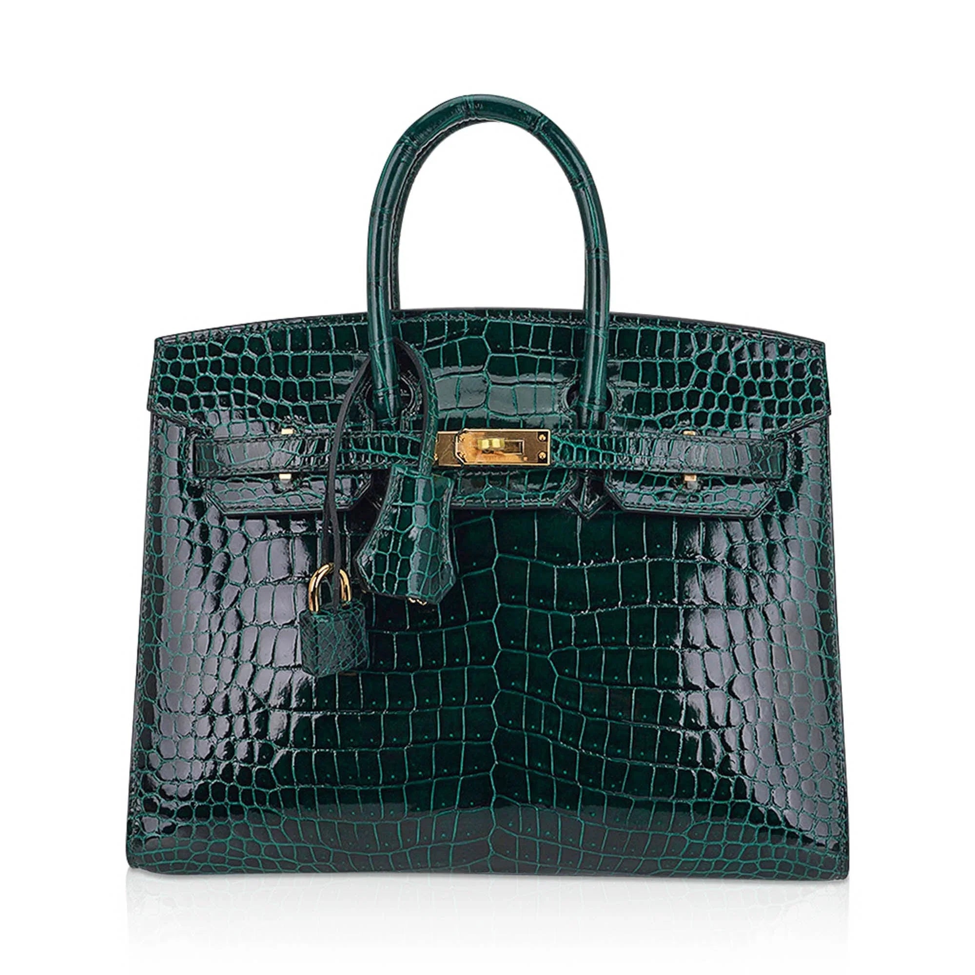 Birkin 25 Bag Sellier Vert Fonce Porosus Crocodile Bag with Gold Hardware