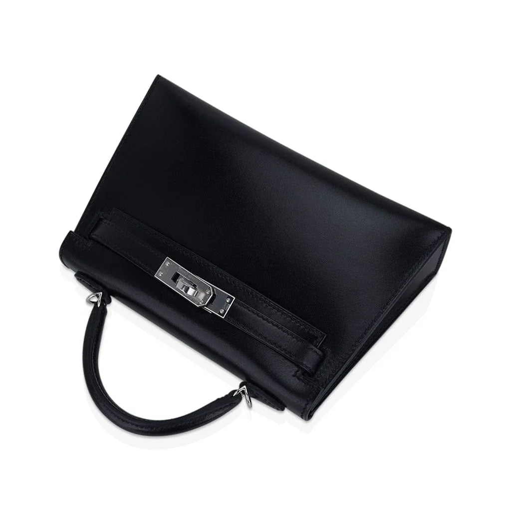 Kelly 20 Sellier Black Box Leather Mini Bag Palladium Hardware
